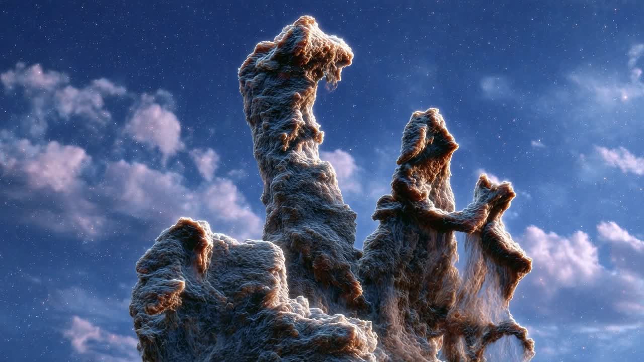 A Majestic Celestial Phenomenon: An Astounding View of Ethereal Structures Resembling Ghostly Figures Formed by Cosmic Dust in a Dazzling Night Sky