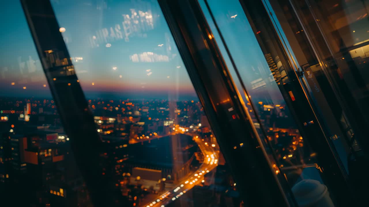 Tilting camera revealing cityscape through steel beams in skyscraper showcasing lit streets at dusk