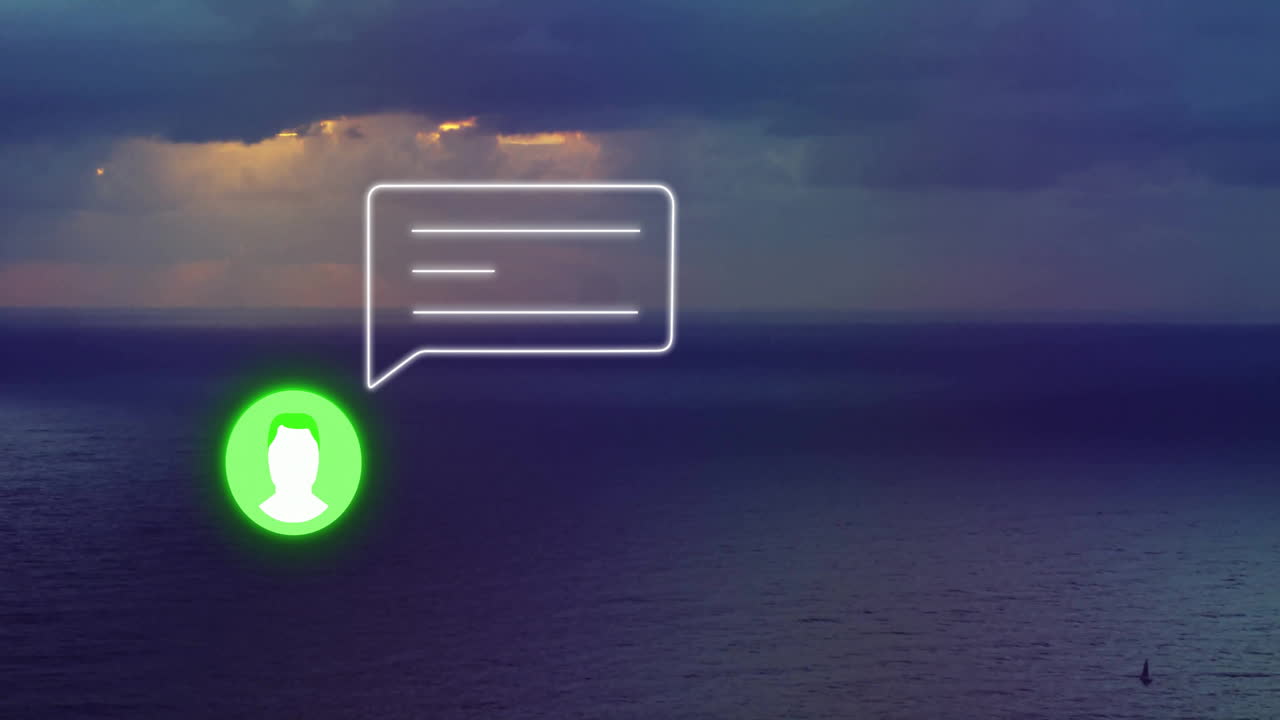 Chat bubble and user icon animation over ocean at sunset