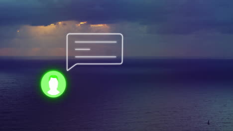 chat bubble and user icon animation over ocean at sunset