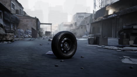 neumático abandonado en una calle urbana desierta con escombros y edificios esparcidos