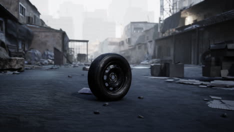 abandoned tire in a deserted urban street with scattered debris and buildings