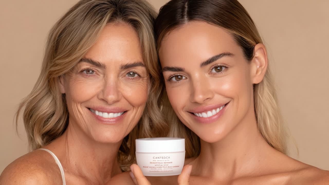 Radiant Beauty Through Generations: A Captivating Moment Showcasing Two Women with Glowing Skin and a Skincare Product, Celebrating Timeless Elegance and Natural Grace