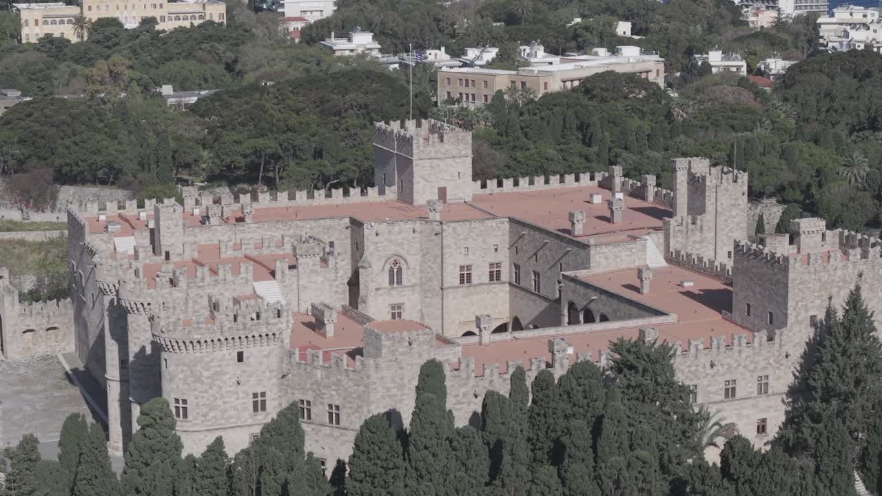Aerial drone footage showcasing aerial drone overhead view video of rhodes old town castle architecture, seen from above, greece. scenery of european town. 3x Telephoto lens D-Log M