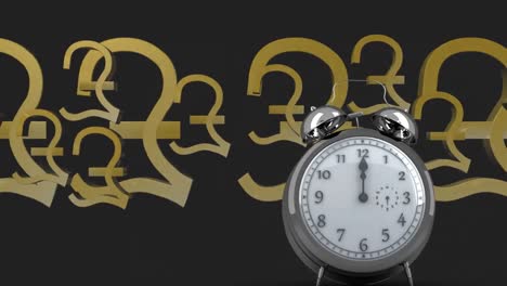 animación digital de un reloj despertador haciendo tictac frente a múltiples símbolos del euro dorados que se mueven contra el negro b