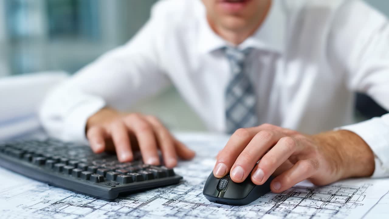 Focused Professional Engaged in Computer Work with Keyboard and Mouse Over Technical Drawings in a Modern Workspace Environment