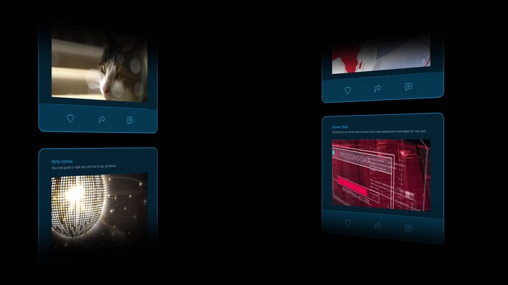 Animation of interface with social media posts on black background
