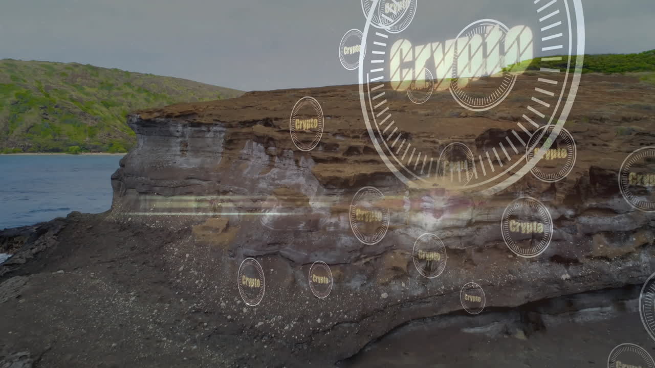 Crypto icons floating and gauge spinning over volcanic cliff featuring layered rocks and calm bay