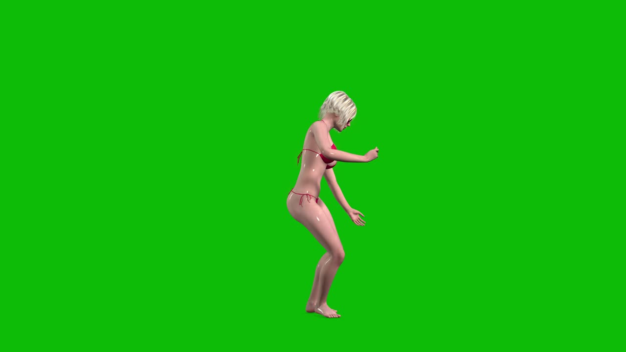 3D female character, woman with blond hair and wet skin, wearing red bikini swimming wear and sunglasses,  dancing doogie style on green screen, 3D animation, side view.
