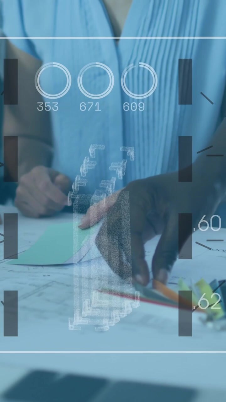 Animation of data processing over diverse business people with documents in office