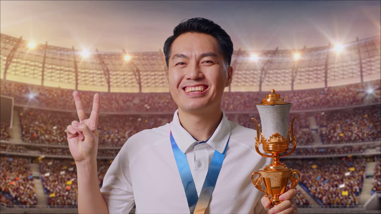 금메달과 트로피를 들고 있는 아시아인 남자가 평화의 몸짓을 하고 카메라에 미소를 지으며 경기장에서 첫 번째 우승자입니다.