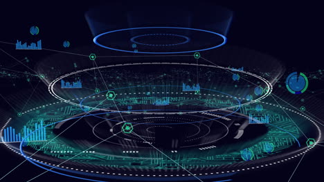 animation of statistics and data processing and circles glowing on blue background