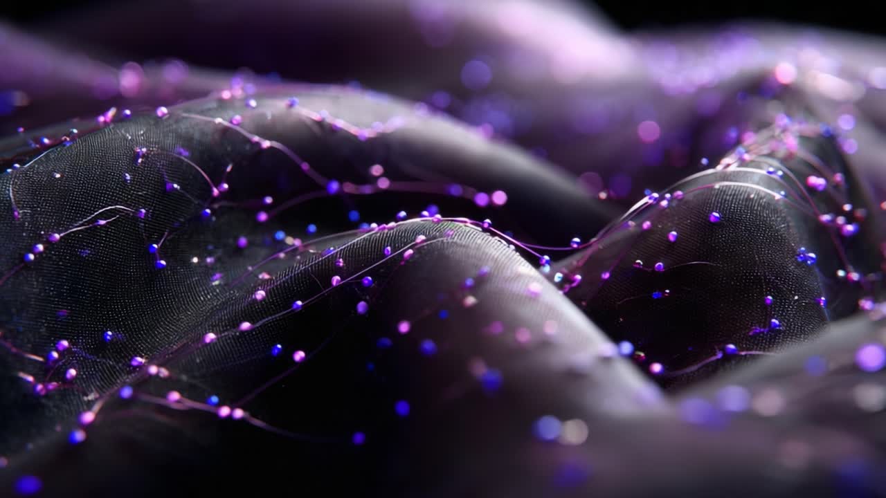 Captivating Close-Up of Shimmering Textile with Dazzling Beads and Intricate Patterns Capturing Light in a Mesmerizing Purple and Black Color Palette for Visual Art Lovers and Designers