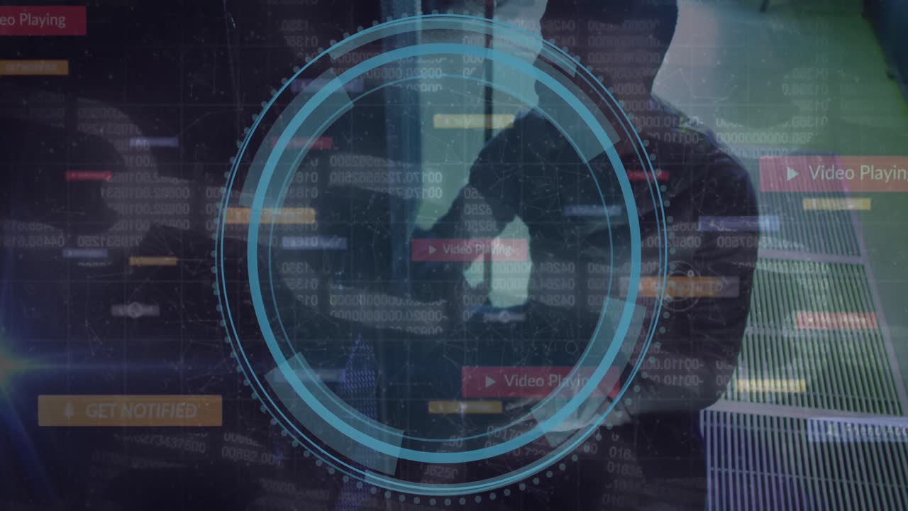 Animation of data processing over african american male worker in server room