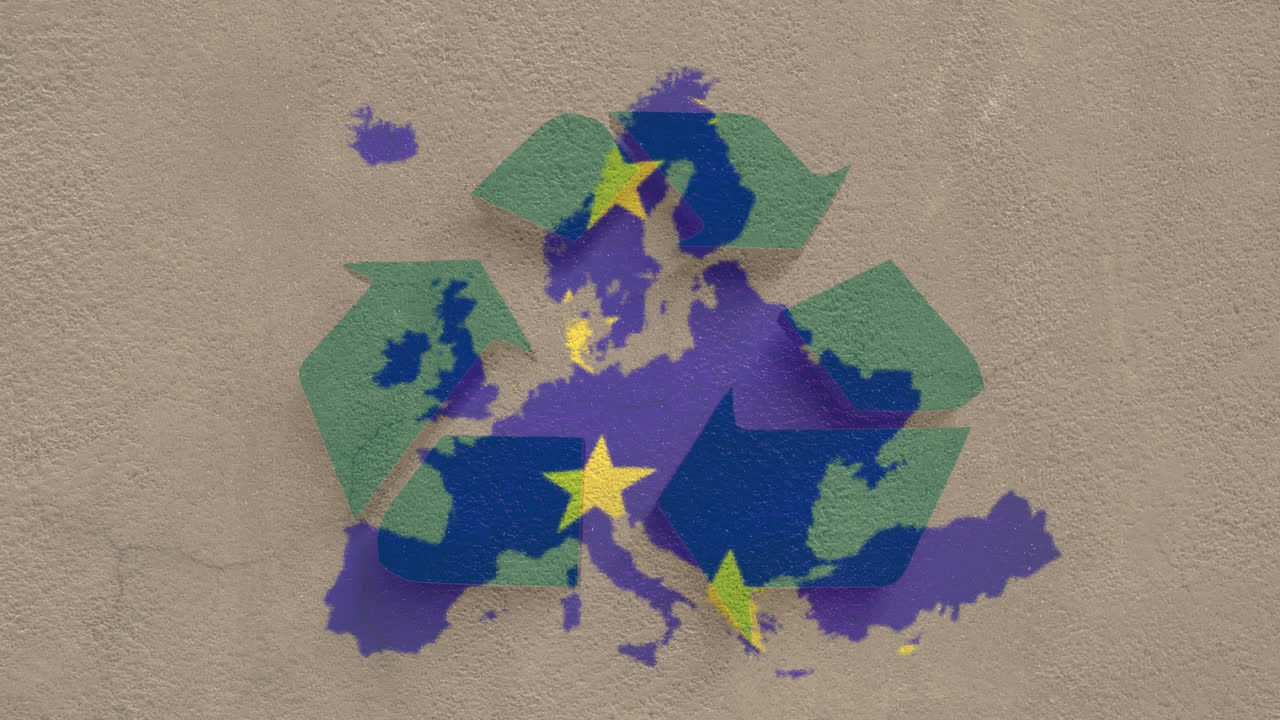 animação das estrelas da bandeira da união europeia e do mapa da europa com o símbolo verde da reciclagem