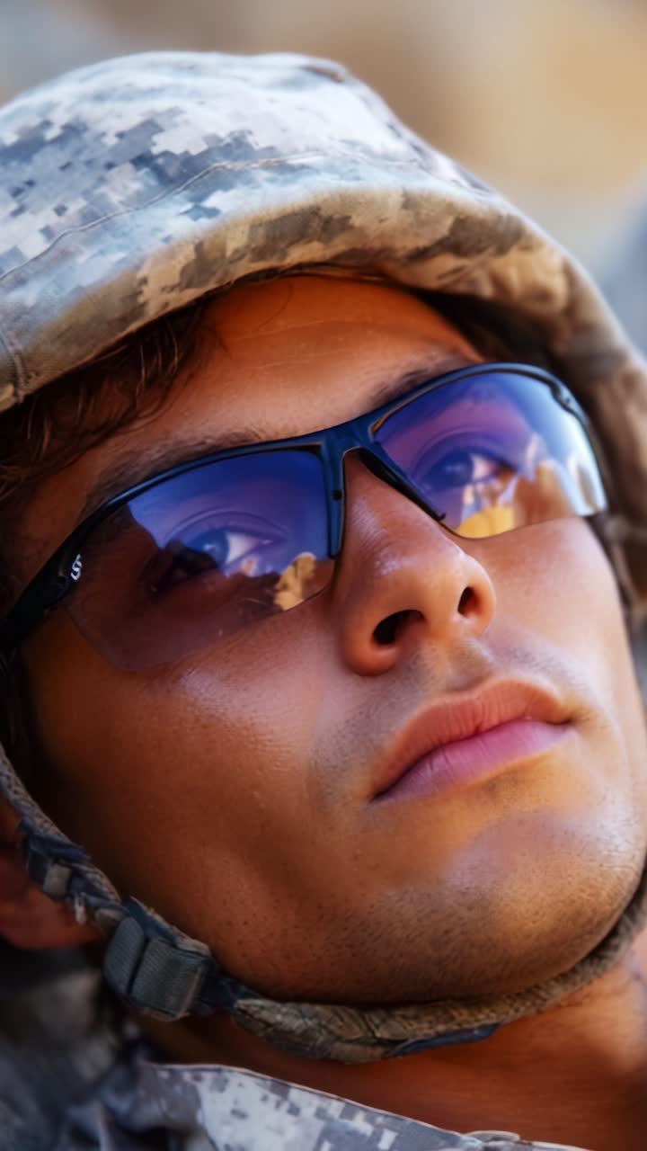 A close-up of a soldier wearing sunglasses and a military helmet, highlighting his facial features and expressions while engaged in a moment of contemplation or rest