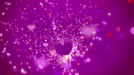 animation of flying particles and hearts from the symbol of love. abstract romantic blurred pink background.