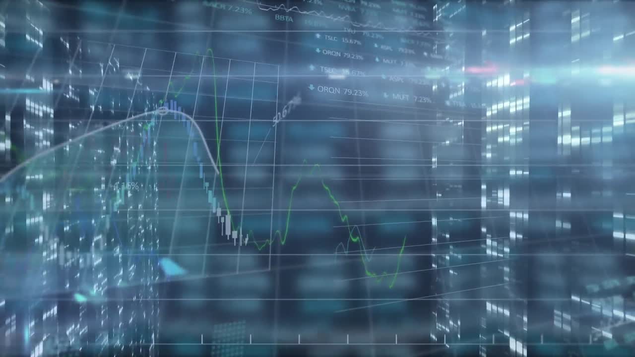 Animation of stock market numbers and computer processors recording data in background