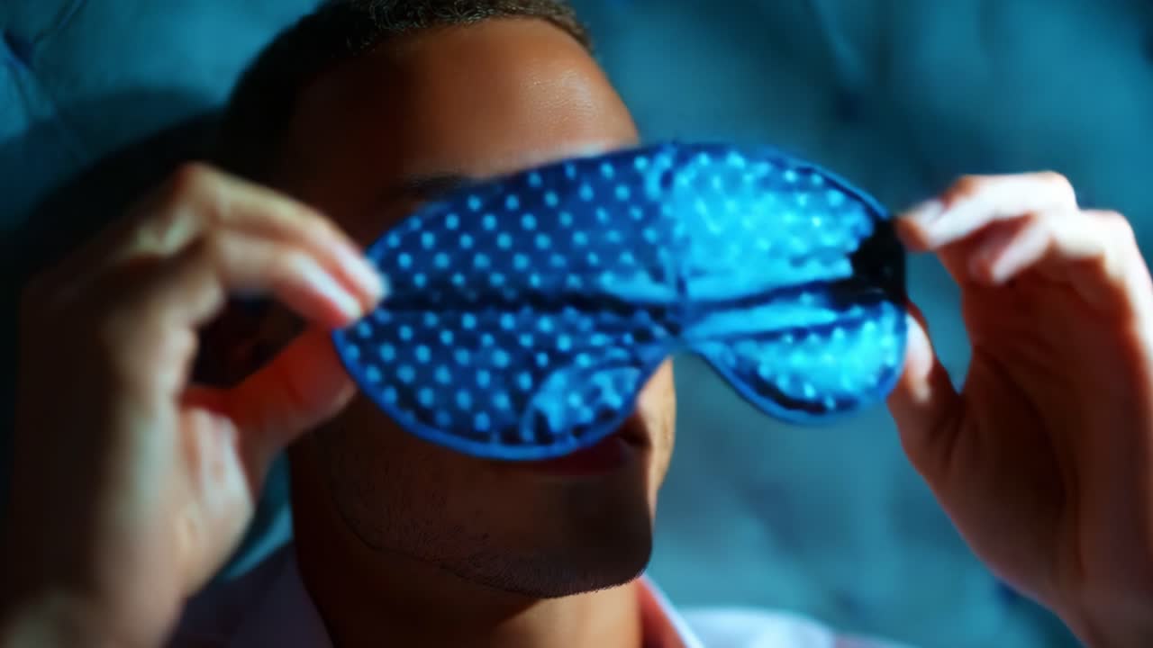 A Series of Two Frames Capturing a Man's Transition from Sleep to Wakefulness, Showcasing a Sleep Mask and Expression of Contemplation Against a Softly Lit Background