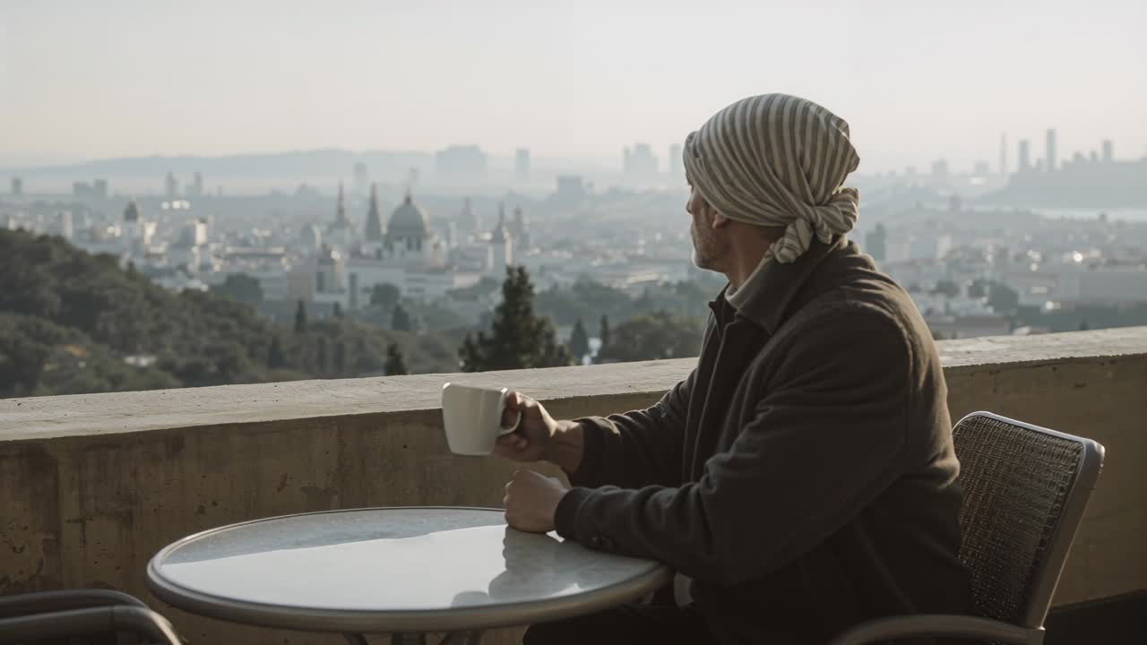 Terasta oturan çizgili atkılı adam, manzarayı izlerken beyaz kupasına uzanıyor, boş alan.