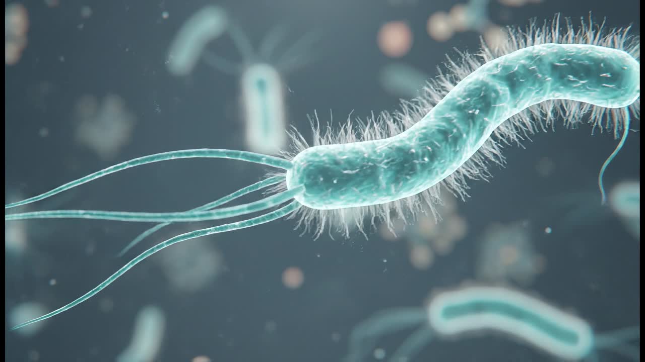 Detailed bacteria organism with multiple flagella moving through liquid environment with scientific depth of field effect
