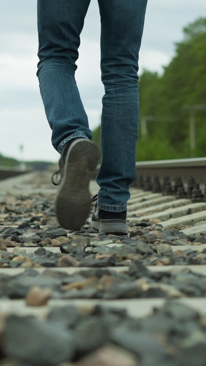 una vista de cerca de las piernas de un hombre, vestido con vaqueros y zapatos de lona, caminando solo en vías ferroviarias rocosas rodeadas de árboles densos y postes eléctricos