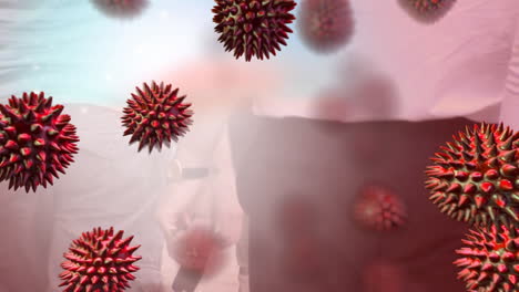 animación del virus de la corona roja con personas en el fondo