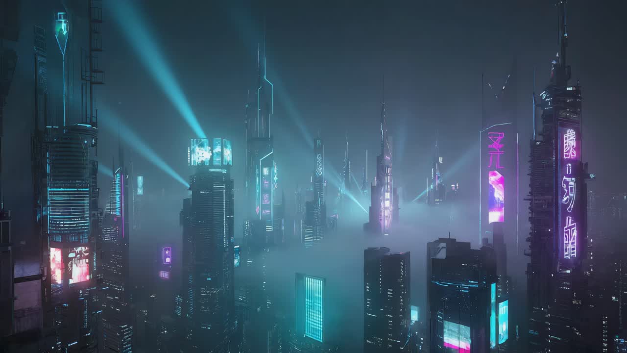 Paesaggio urbano futuristico con luci al neon