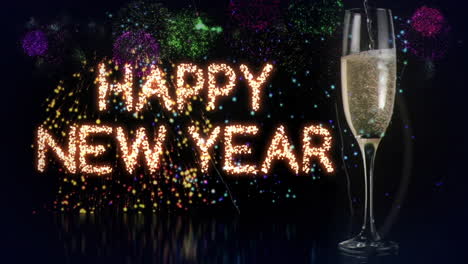 animation of champagne glass and happy new year text banner against fireworks exploding