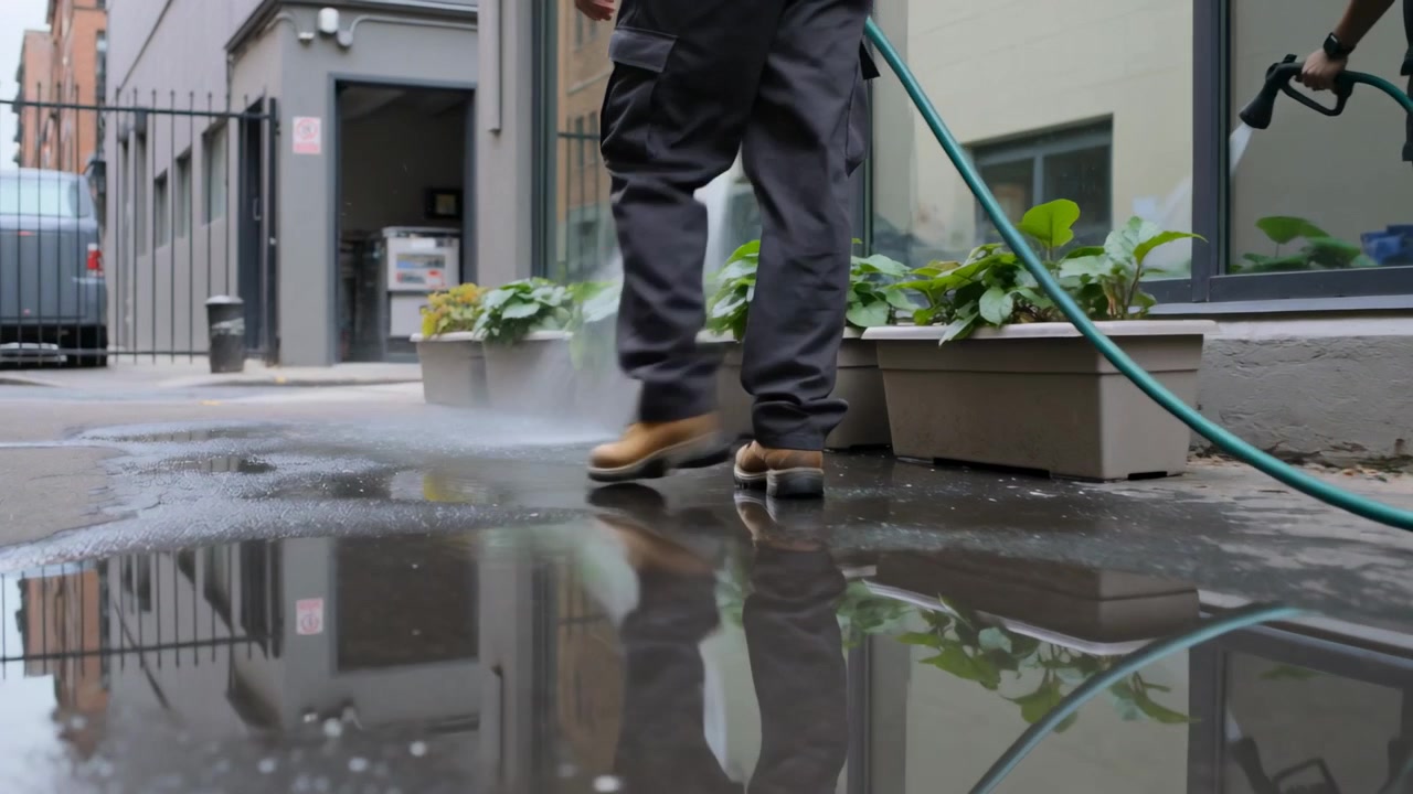 Walking grounds worker in tan boots watering planter in alley, while coworker spraying green hose