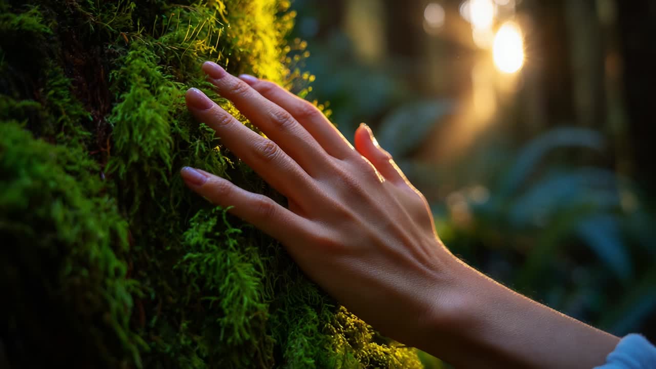 A Serene Interaction with Nature: The Silhouette of a Hand Gently Touching a Lush Green Moss-Covered Tree in the Enchanting Glow of Sunlight Filtering Through the Forest Canopy