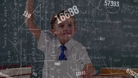 animation of moving math formulas and data processing over school boy