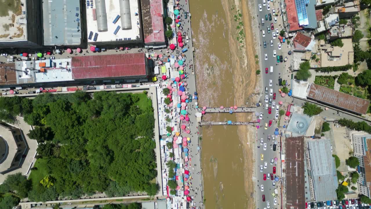 Drone Aerial of Kabul Afghanistan, Busy Traffic in city center top down view, rush hour traffic jam