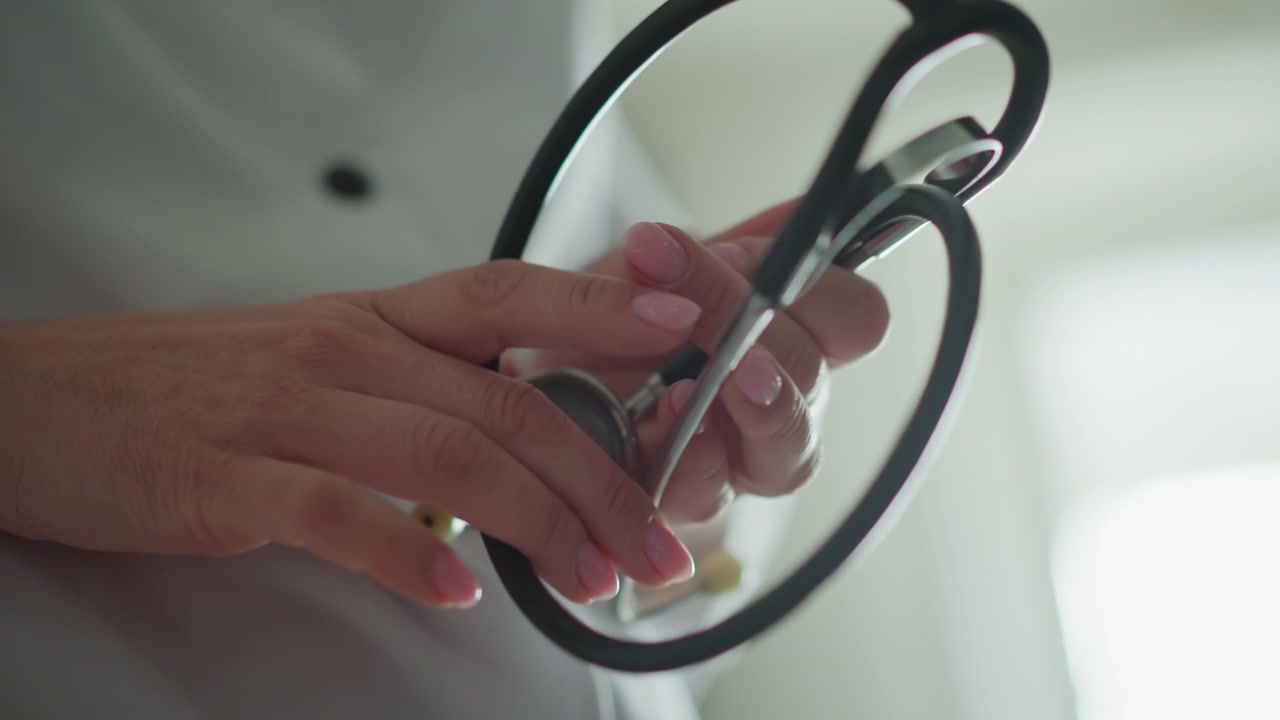 Nahaufnahme einer weißen Krankenschwester, die in einem sonnendurchfluteten Klinikraum ruhig ein Stethoskop hält. Ihre vorsichtigen Finger justieren Schläuche, während Details ihrer weißen Uniformknöpfe sichtbar sind. Eine ruhige Fachkraft bereitet sich auf einen Hausbesuch vor.
