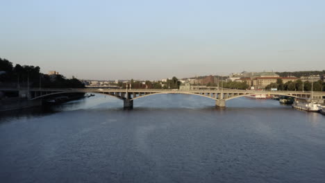 Aerial-Shot-Of-Bridge-Over-Vltava-River-In-Beautiful-Prague,-Czech-Republic-Travel-Destination