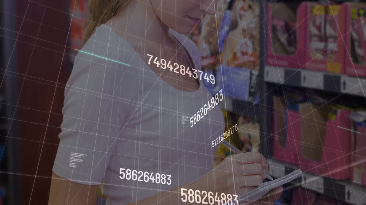 Woman writing with pen on pad in retail aisle, generating numeric grid sweeping across foreground