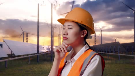 close up side view of asian female engineer with safety helmet thinking about something and looking around with solar panel and wind turbines