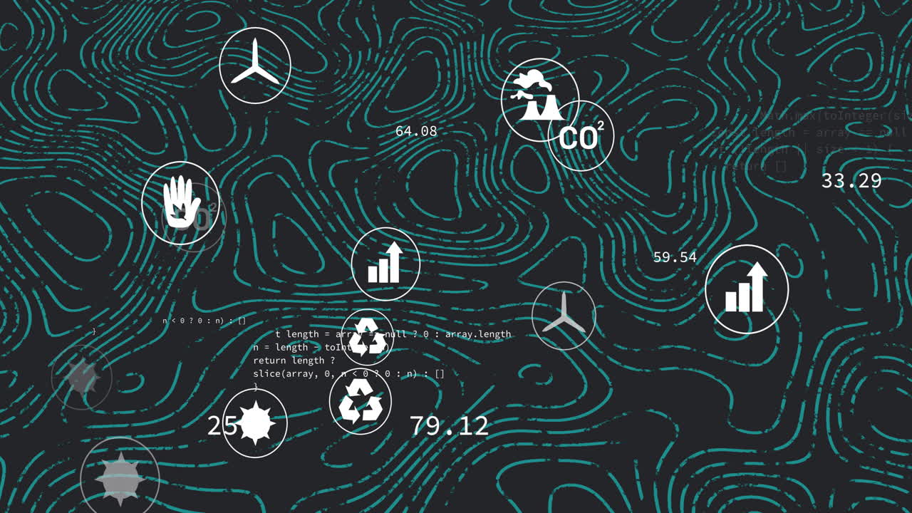 Animation of data processing and ecology icons over shapes moving