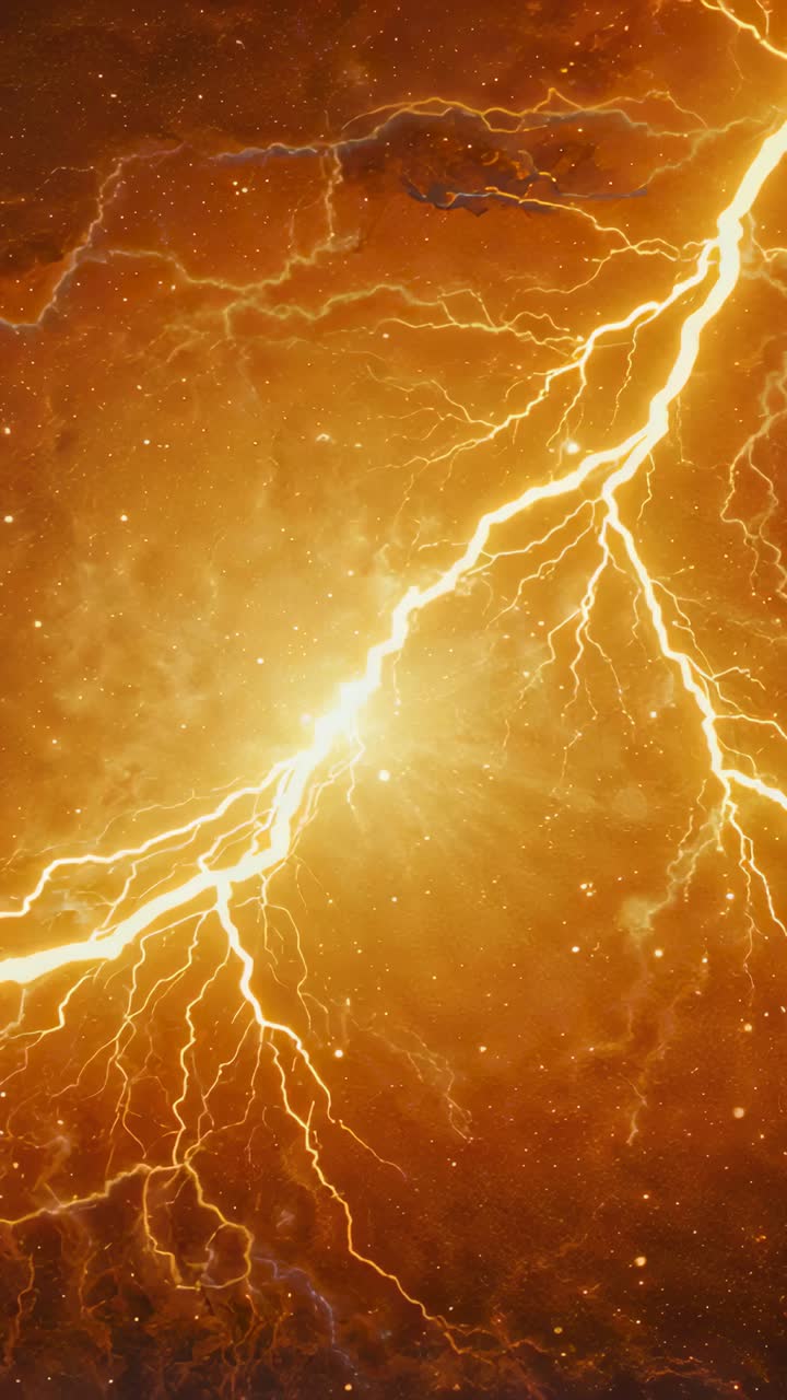 Vertical video: Striking lightning bolt crossing orange sky, charge rising and flashing, embers