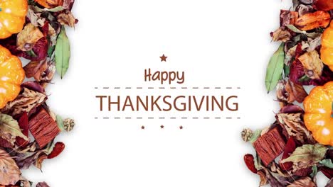 Animation-of-happy-thanksgiving-text-over-autumn-leaves-and-pumpkins-on-white-background