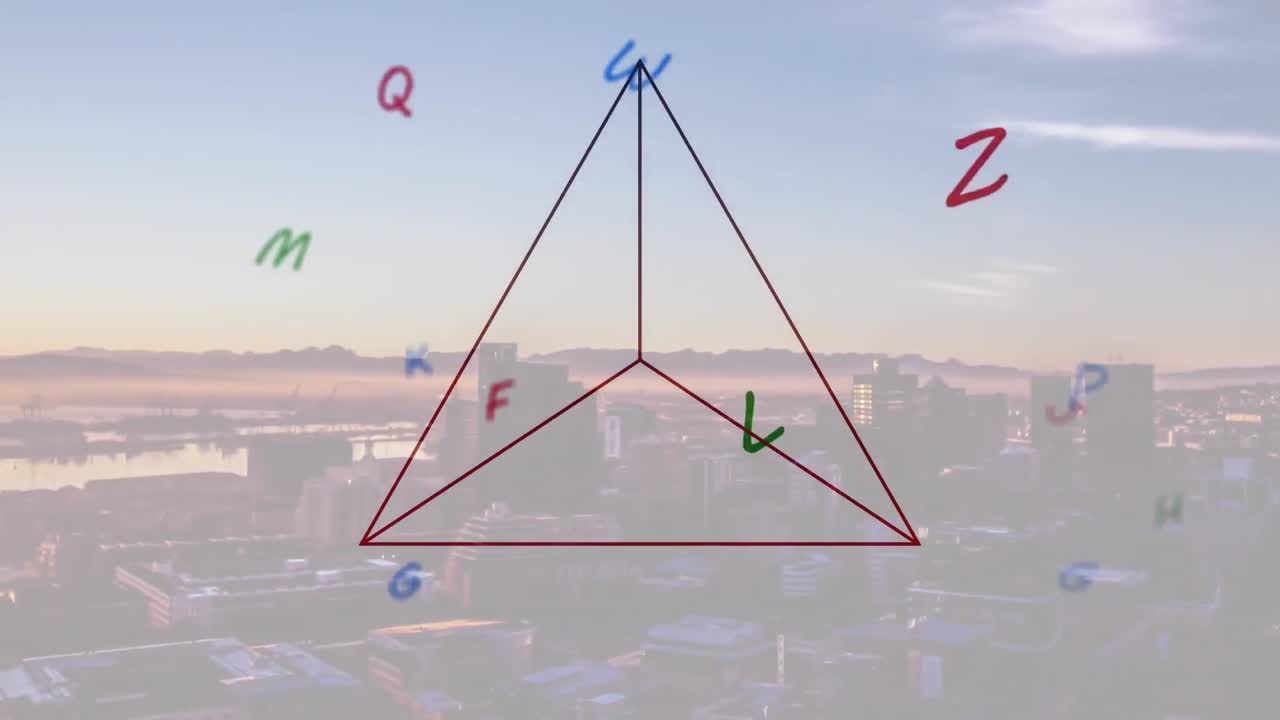 도시 풍경 위에 다채로운 글자와 기하학적 모양의 애니메이션