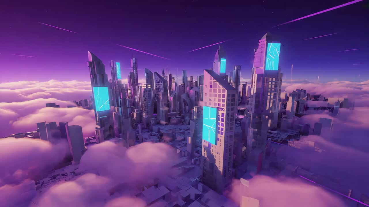 Futuristic Cityscape at Night Above the Clouds