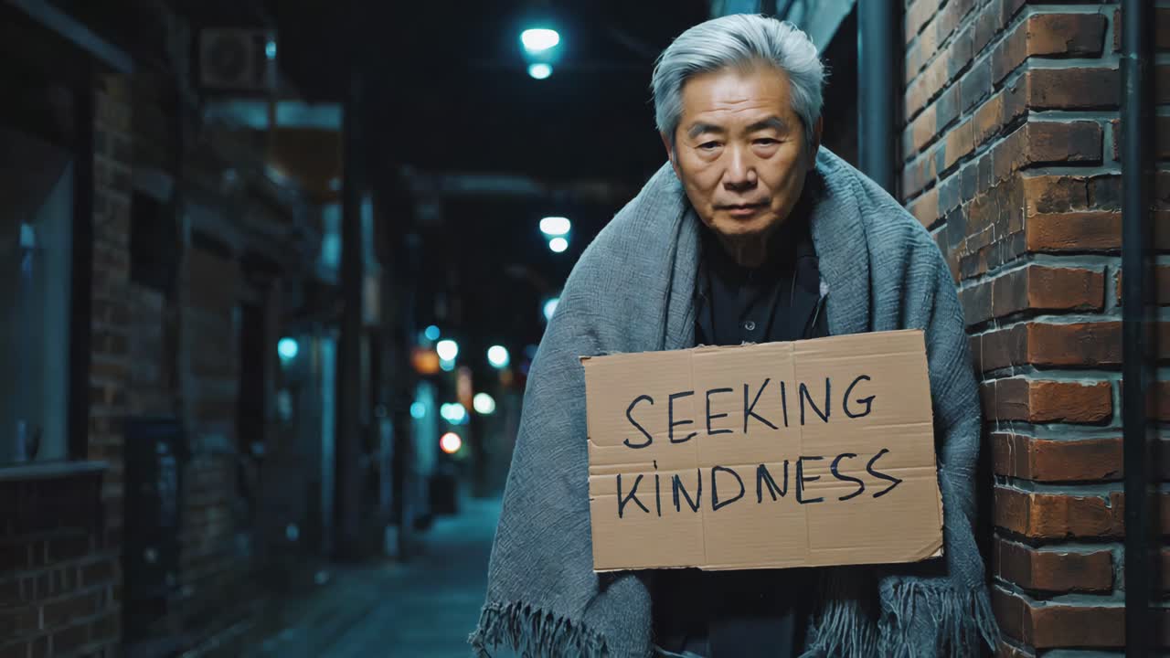 Homeless Man Seeking Kindness in Urban Alley