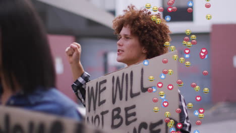 animation of media icons over biracial people with signs protesting