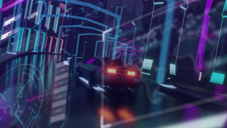 animación de la pantalla de la interfaz sobre un coche futurista conduciendo por la ciudad de neón por la noche