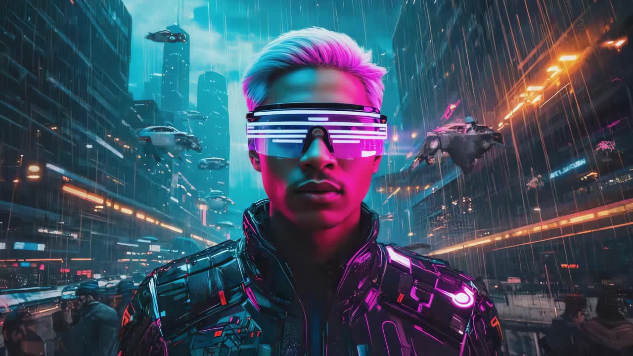 A person in futuristic glasses and a glowing jacket in a cyberpunk city