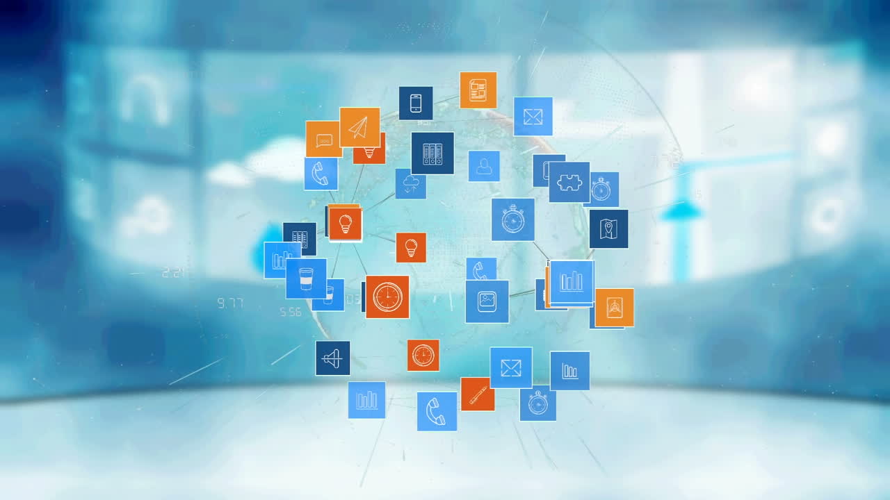 animación de los iconos de las redes sociales sobre el globo giratorio