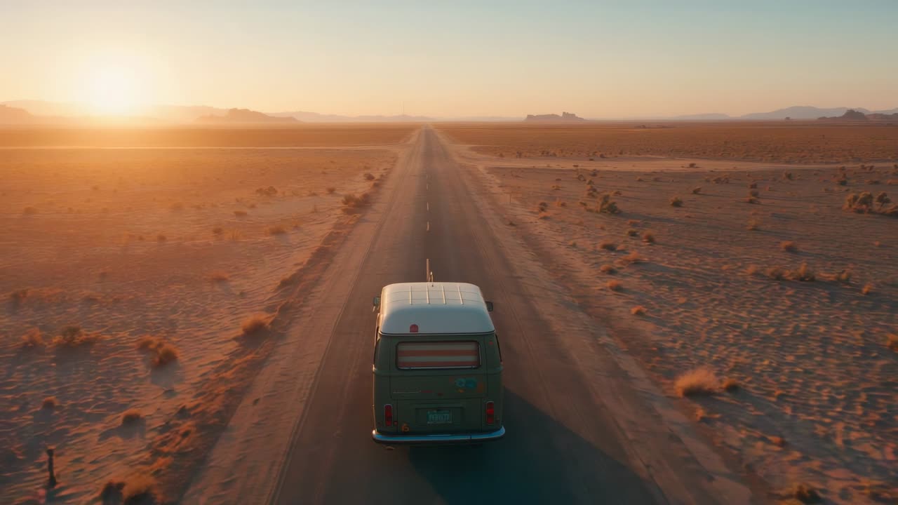 Cruising light green camper van rolling along desert highway at sunset, heading toward horizon