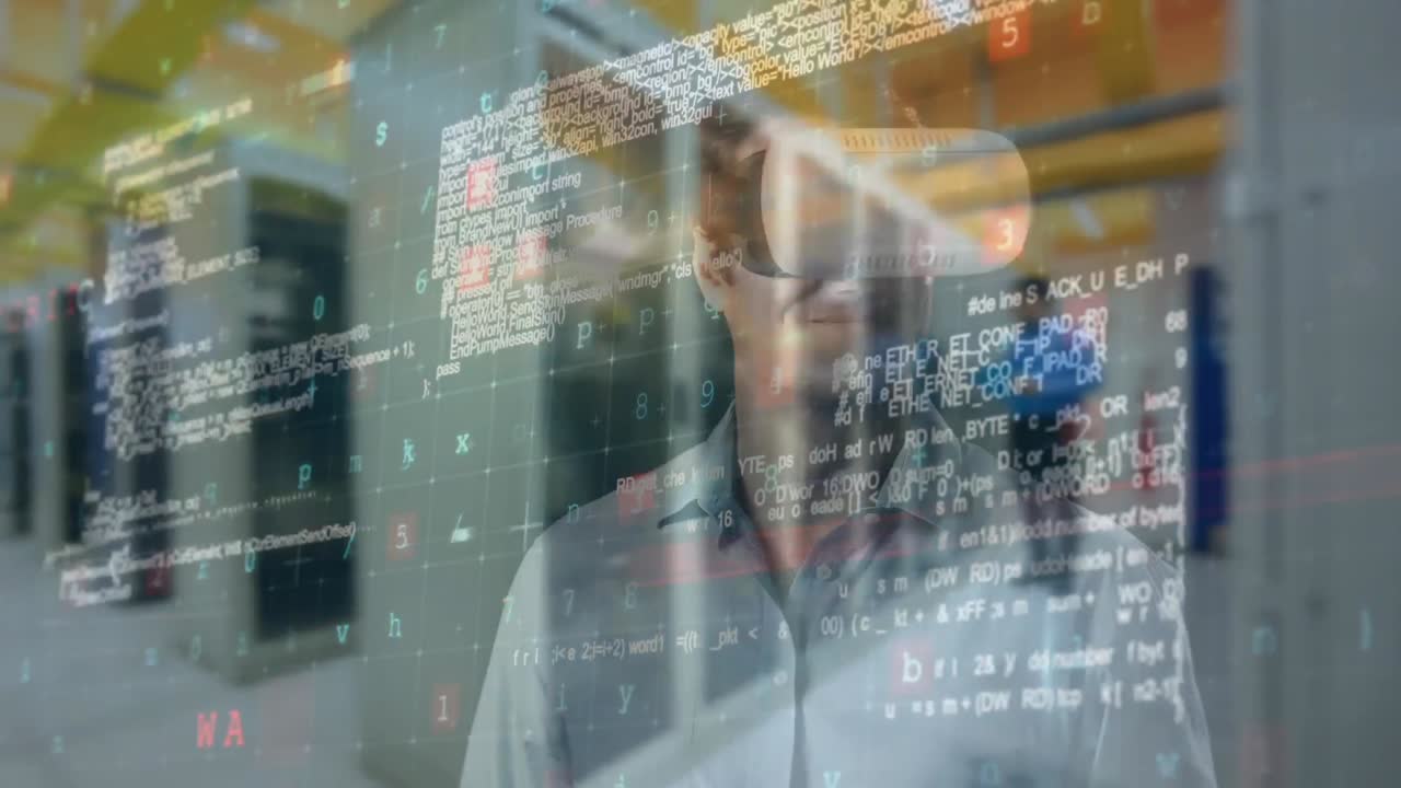 가상 인터페이스와 상호 작용하기 위해 vr을 사용하는 사업가