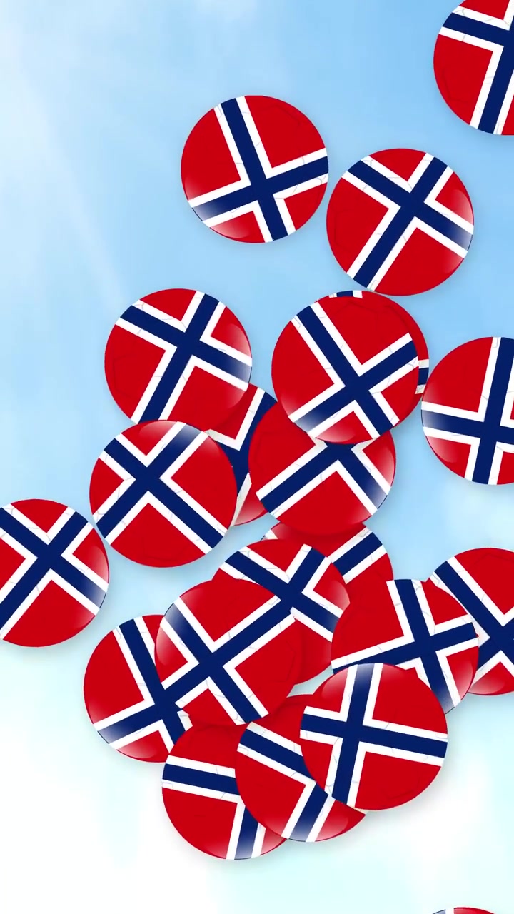 Spadające przypinki z flagą Norwegii na tle błękitnego nieba